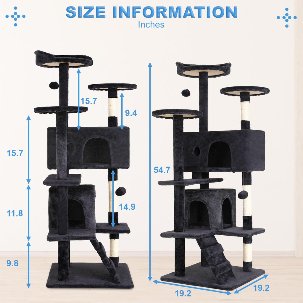 FDW | 54" Cat Tree Tower | Dark Gray | Multi-Level Indoor Activity Center with Sisal