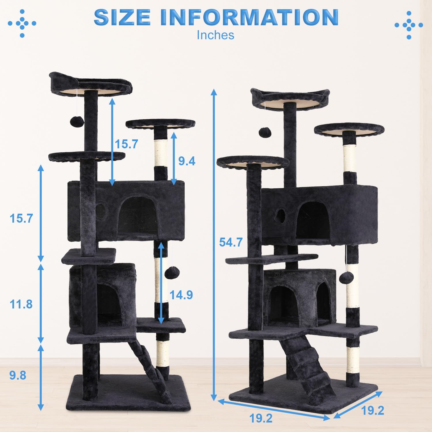 FDW | 54" Cat Tree Tower | Dark Gray | Multi-Level Indoor Activity Center with Sisal