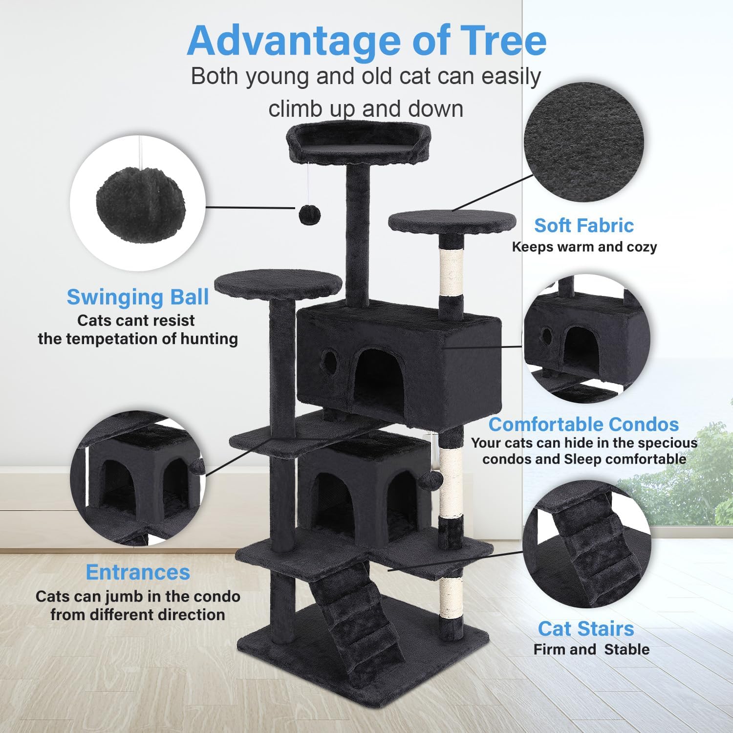 FDW | 54" Cat Tree Tower | Dark Gray | Multi-Level Indoor Activity Center with Sisal