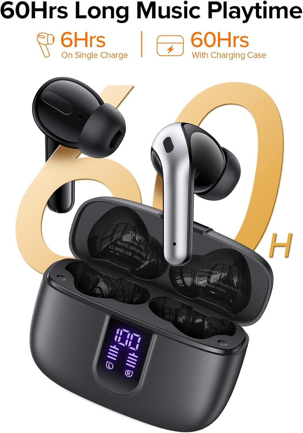 TAGRY X08 Wireless Earbuds – 60H Playback & LED Display (US Stock).