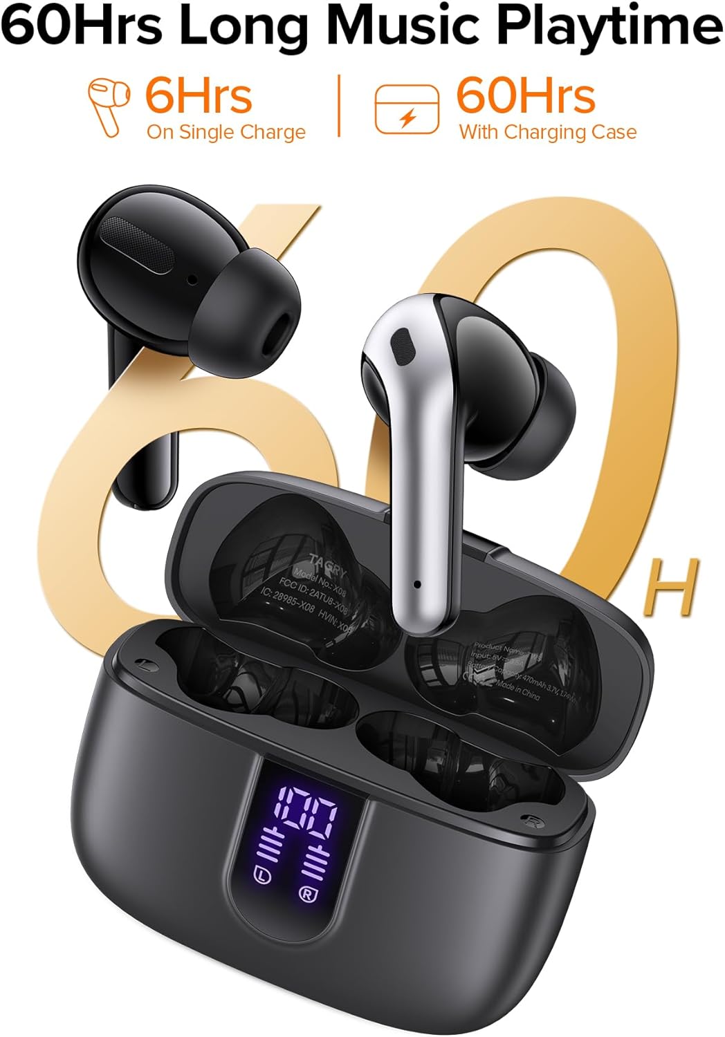 TAGRY X08 Wireless Earbuds – 60H Playback & LED Display (US Stock).