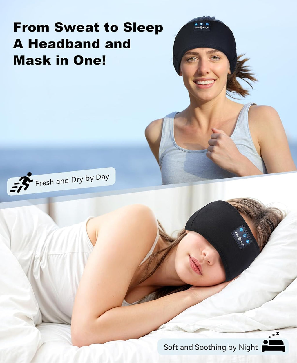 MUSICOZY Bluetooth 5.4 Sleep Headphones – US Stock: 3-in-1 Wireless Sports Headband & HD Stereo Earbuds
