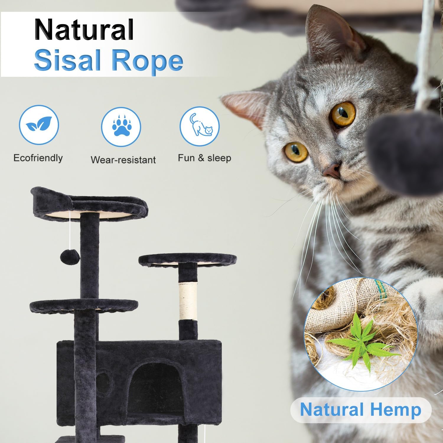 FDW | 54" Cat Tree Tower | Dark Gray | Multi-Level Indoor Activity Center with Sisal