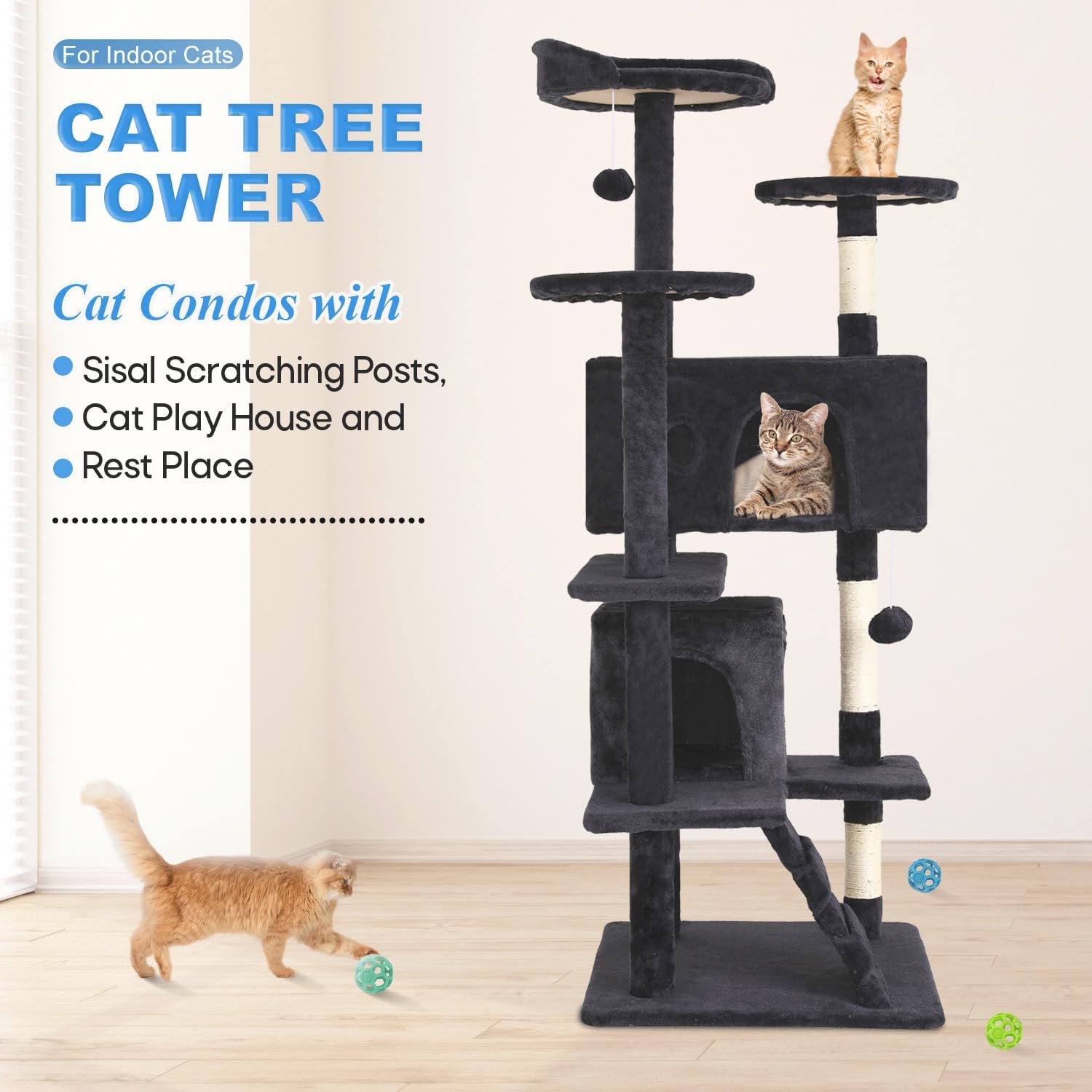 FDW | 54" Cat Tree Tower | Dark Gray | Multi-Level Indoor Activity Center with Sisal