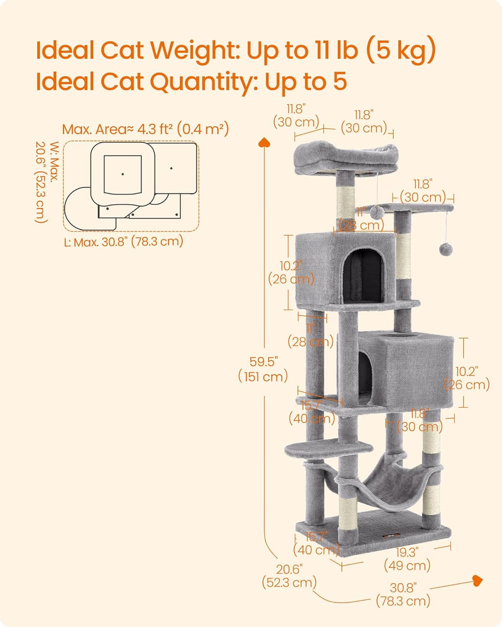 Feandrea Cat Tree, 59.5-Inch Tall Cat Tower