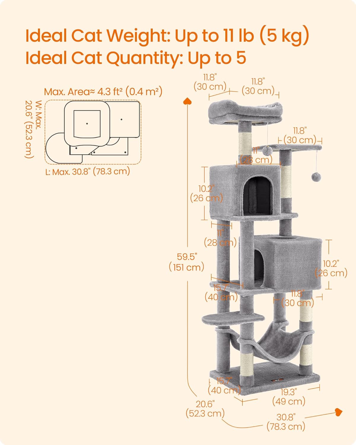 Feandrea Cat Tree, 59.5-Inch Tall Cat Tower